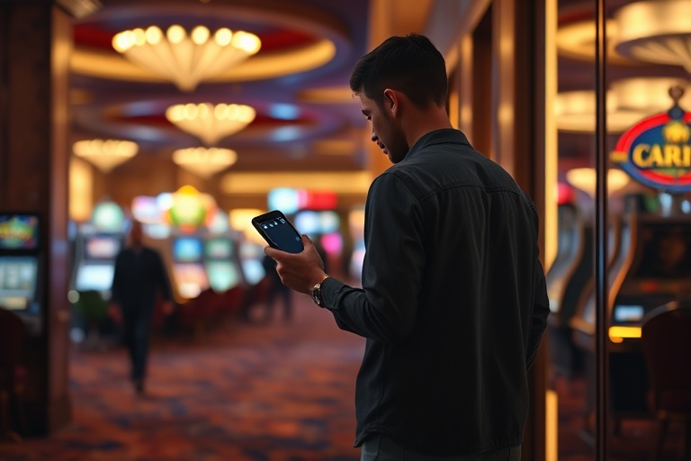 Person stepping away from a casino floor and checking a phone timer