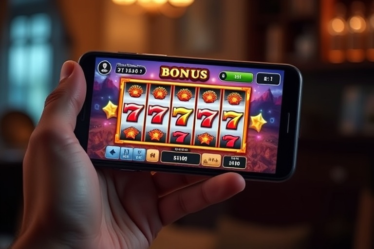 A smartphone showing an online slot game interface with bright reels and a bonus animation