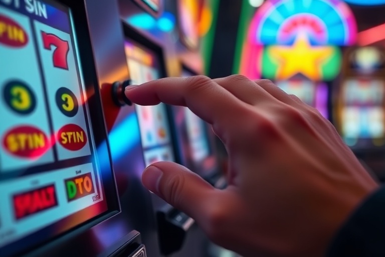 A person’s hand pressing a slot machine spin button with colorful lights reflecting on the fingers