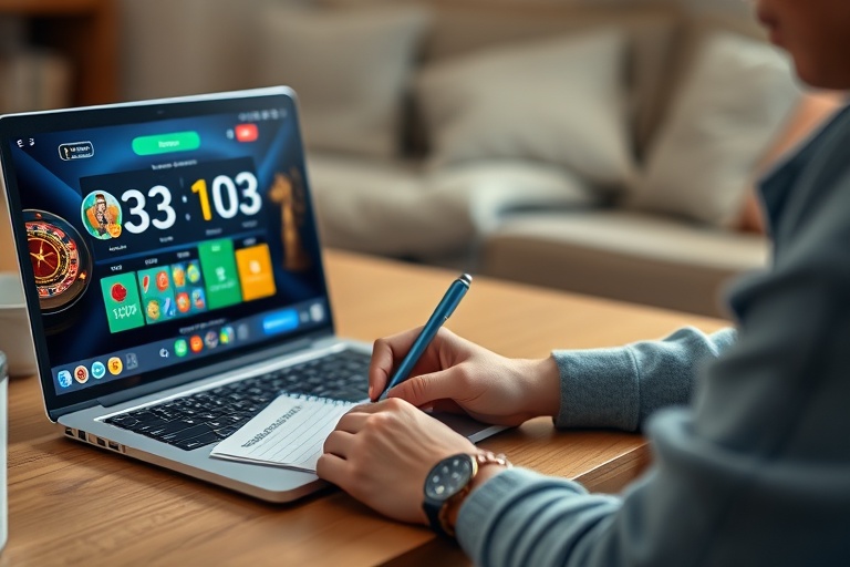 A person setting a timer and writing a budget next to a laptop with a casino-style game on screen